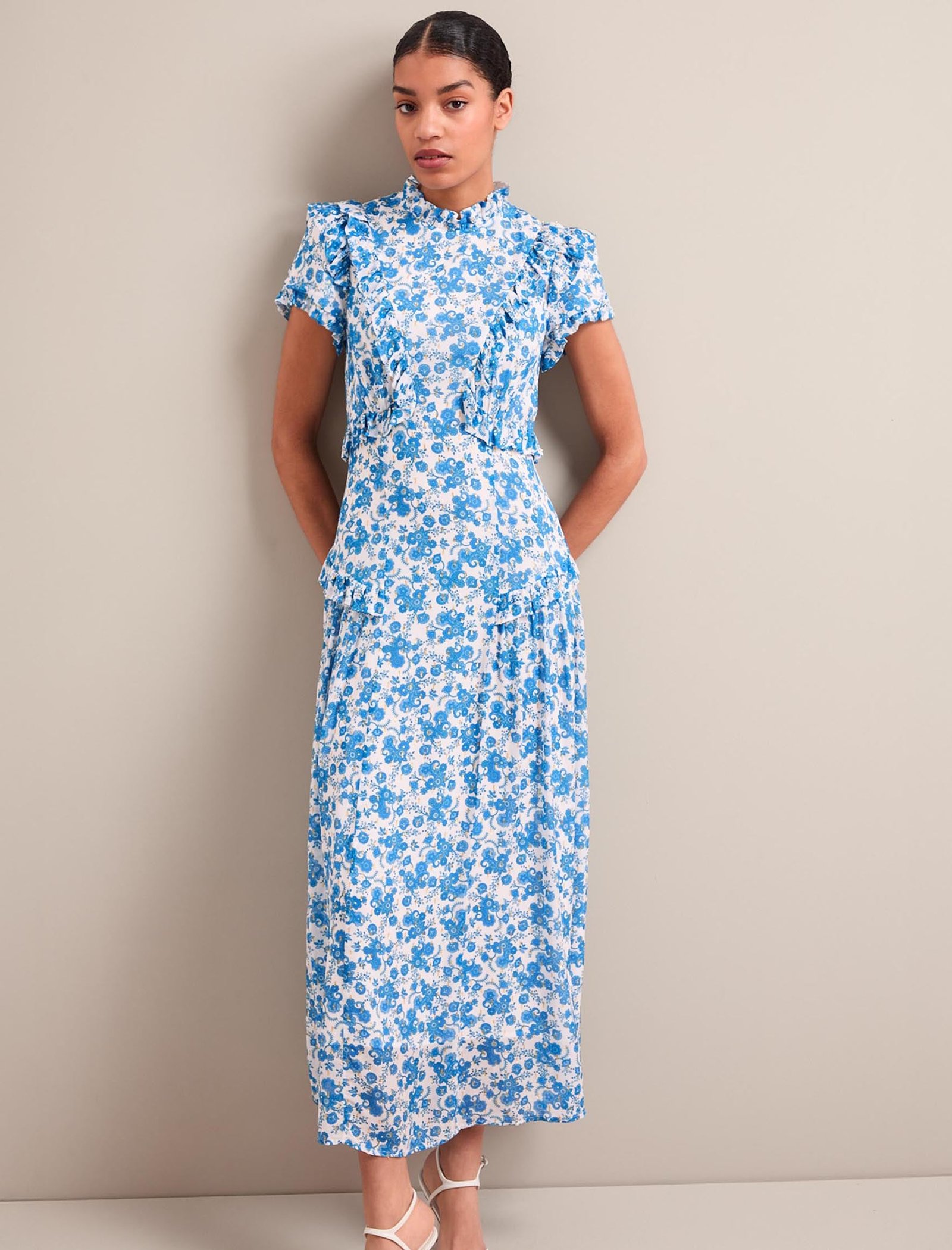 Mirabel Gold Metallic Fil Coupé Maxi Dress - White Blue Paisley Print - Image 6
